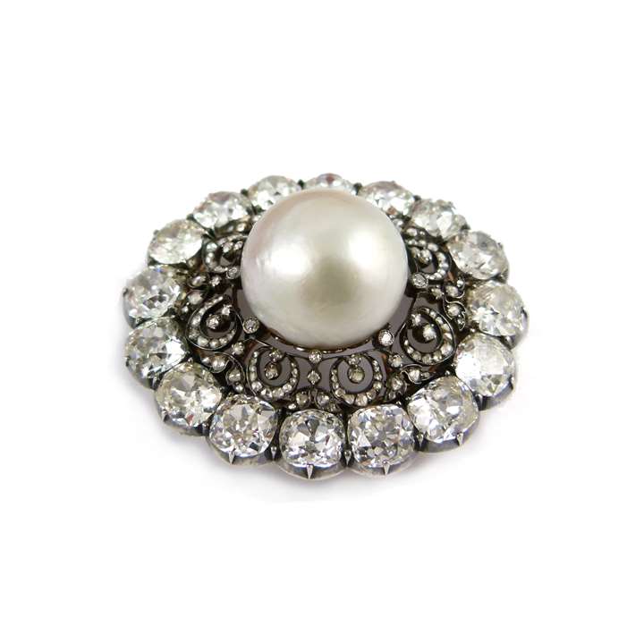 19th century pearl and diamond cluster brooch